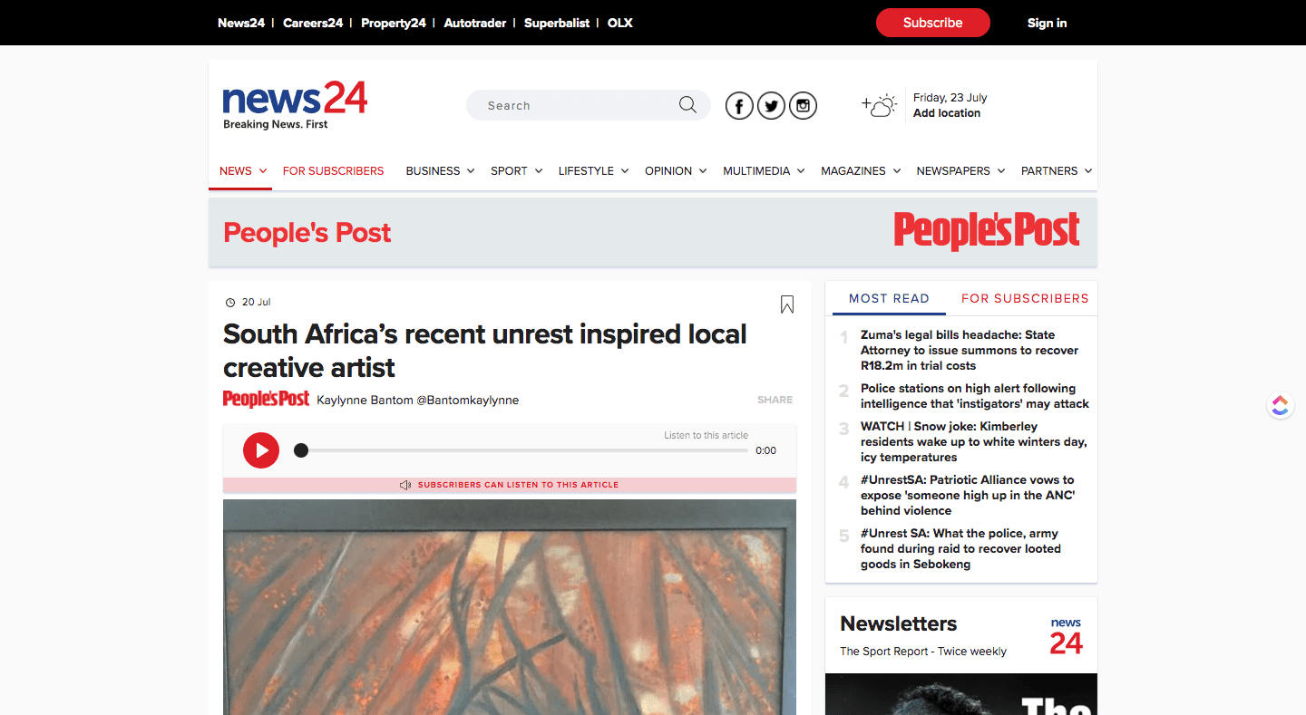 South Africa’s recent unrest inspired local creative artist South Africa’s recent unrest inspired local creative artist